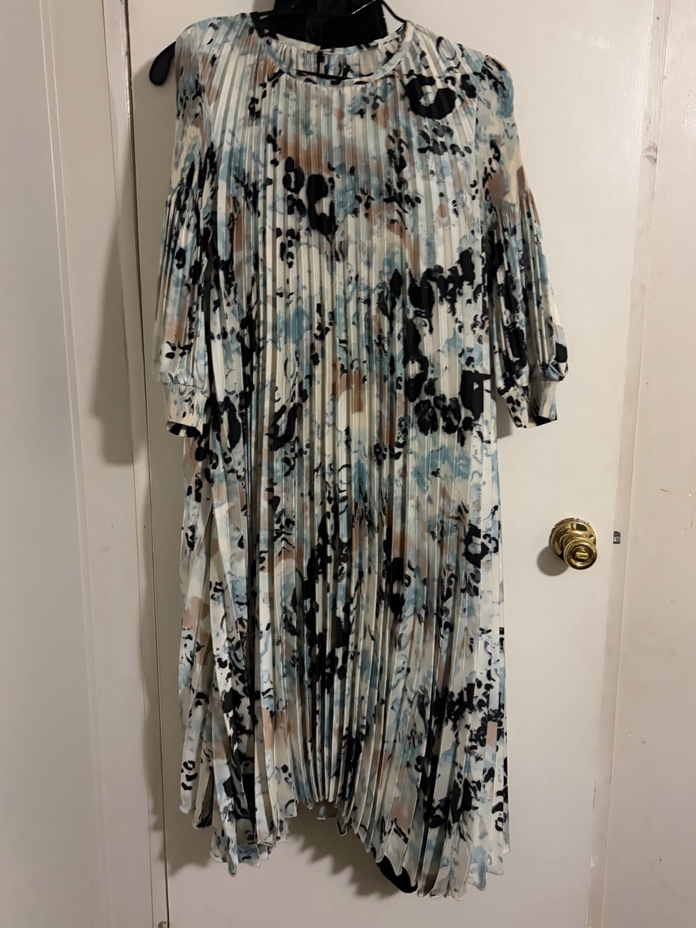Pleated Floral Maxi Dress in Cream with Blue and Black Accents